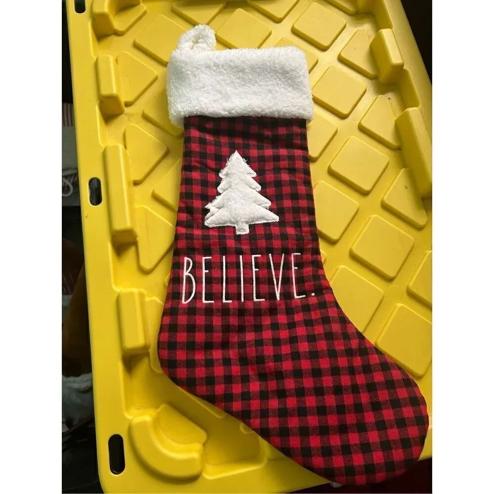 New! Rae Dunn BELIEVE Buffalo Plaid Stocking